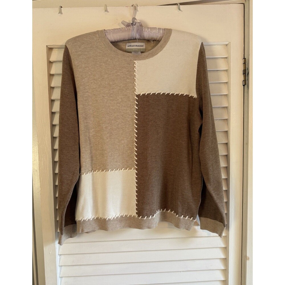 Alfred Dunner PL Sweater Tan White Patchwork Color Block Sweater Grandma Core
